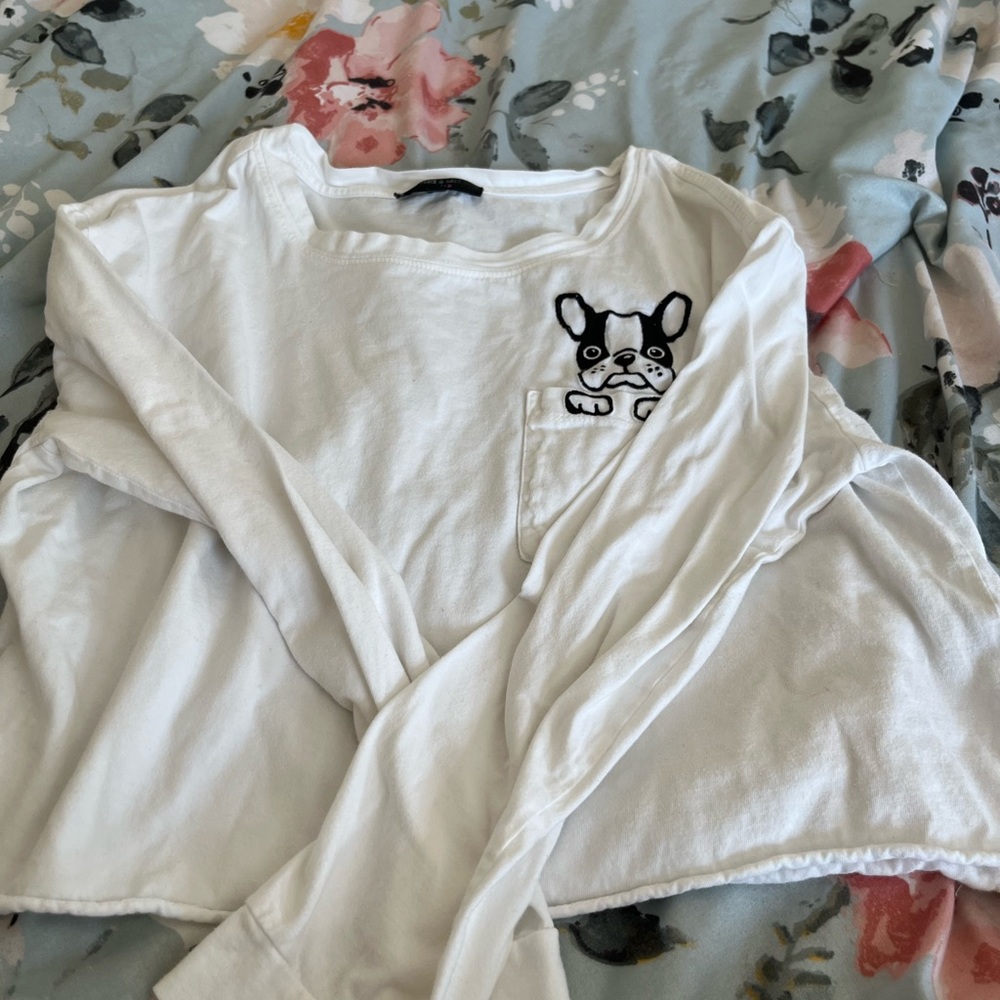 White Long Sleeve Top with Dog Embroidery